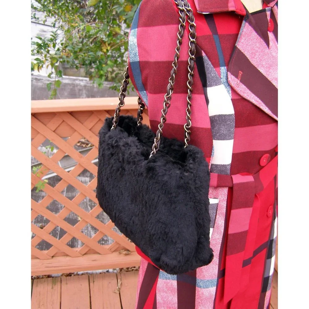 RARE CHANEL Black Fur Shoulder Bag Chain Straps CC